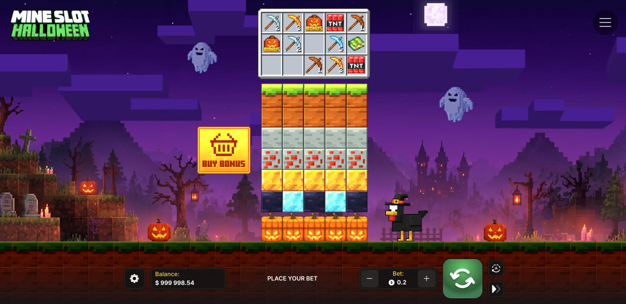 Mine Slot Halloween Casino-Spiel im Test, Demo mit Bonus: Blocksäulen, Werkzeugleiste und Buy-Bonus-Taste