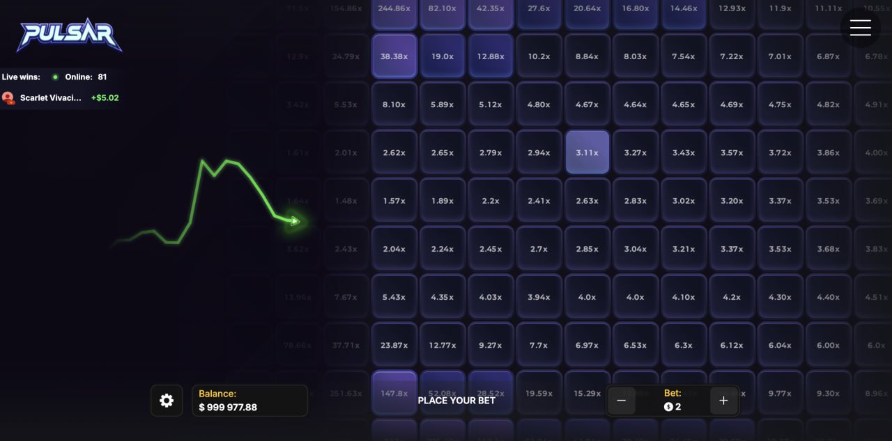 Pulsar Test: Demo des Casino-Spiels mit violetten Feldern, Multiplikatoren und Live-Gewinnen für Echtgeld